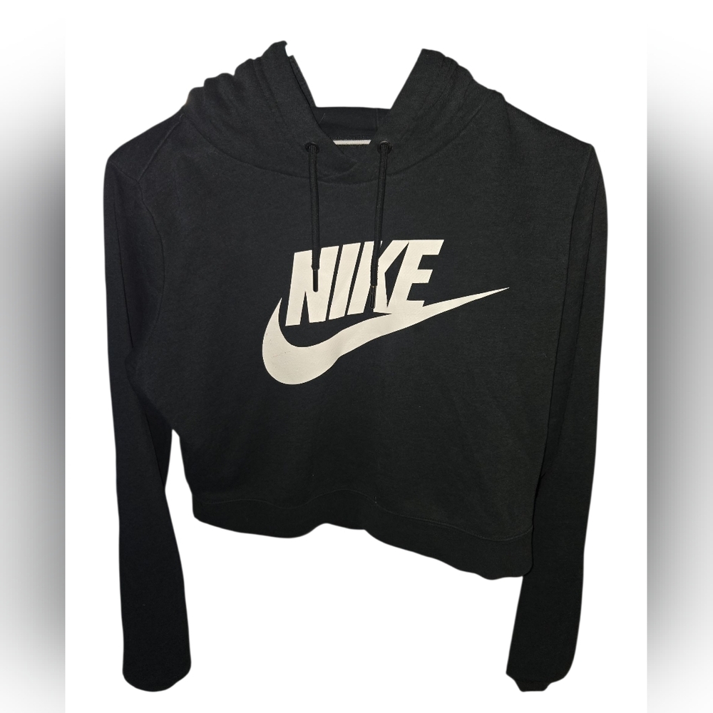 Nike Women's Cropped Black Hoodie with White Logo